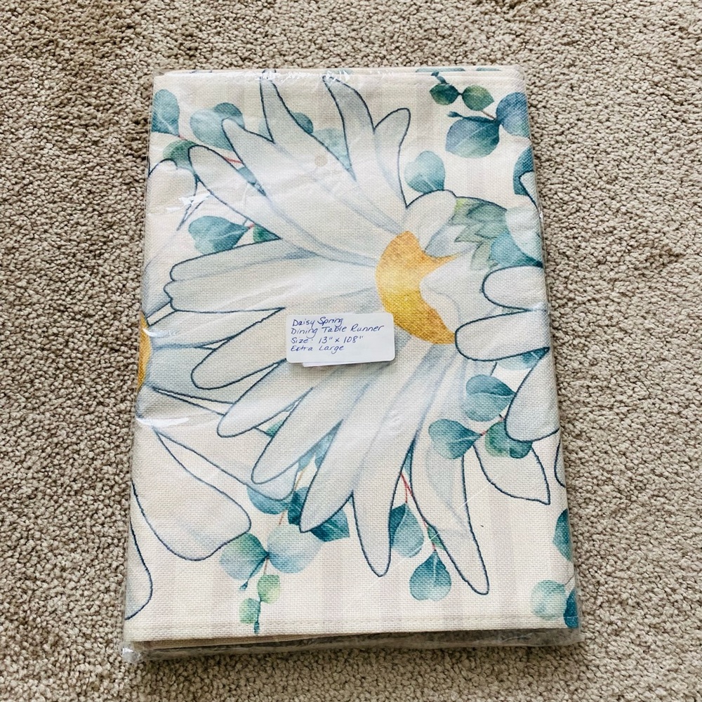 Table Runner 13” x 108”.  Daisy Spring Pattern.  New in package.